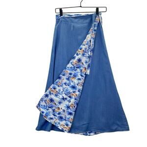 FAHERTY Wrap Skirt Sz S Nola Reversible Havana Bungalow Blue Chambray Tropical